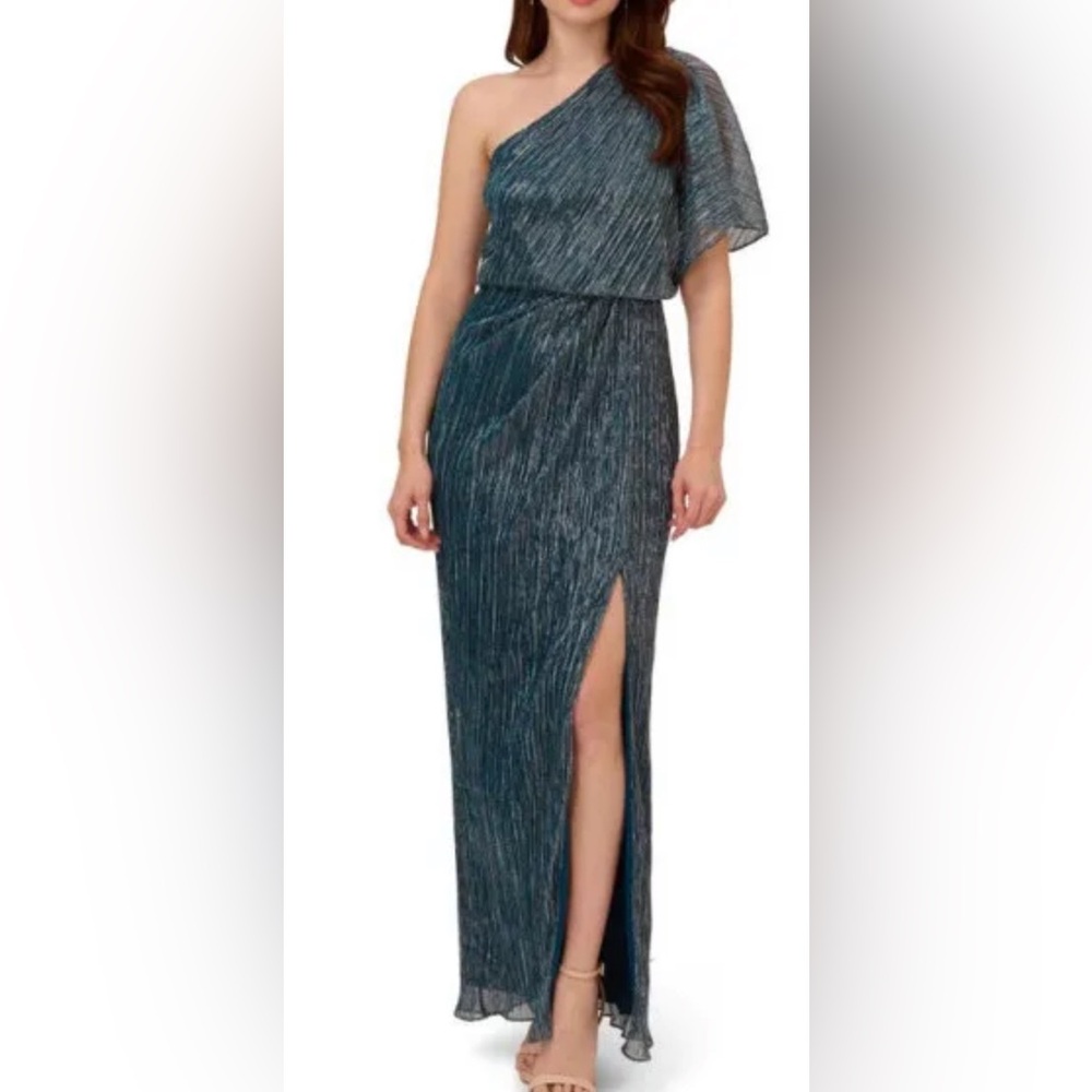 NWT Adrianna Papell Shimmering Teal One Should Side Slit Dress Size 10
